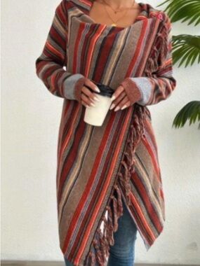 Striped Fringe Open Front Cardigan - Rust Multi